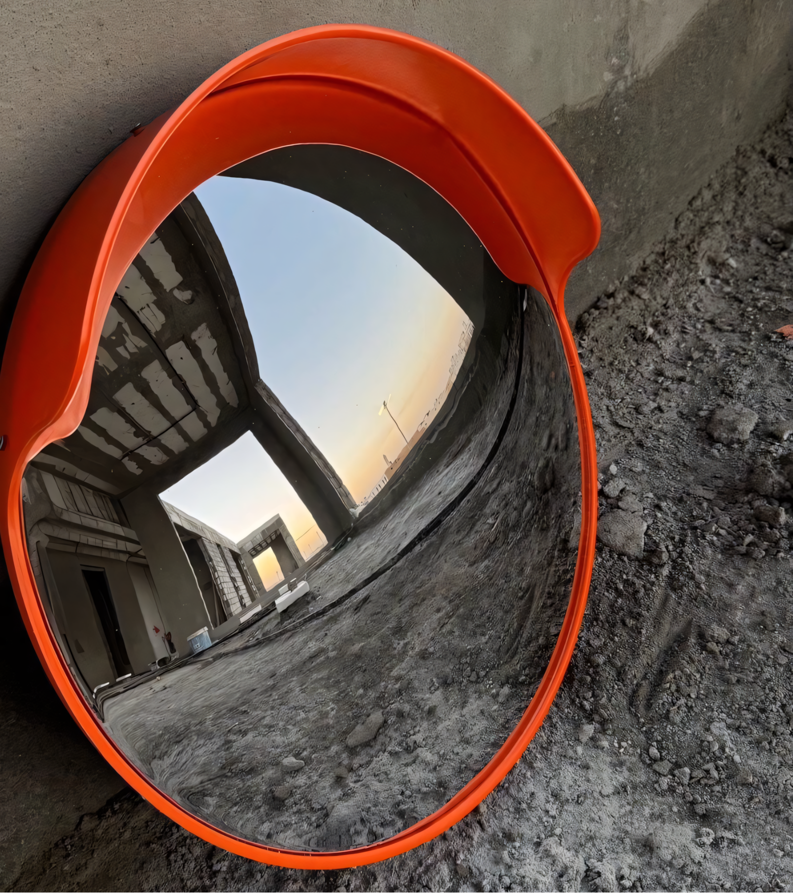 Convex mirror with orange frame on a construction site